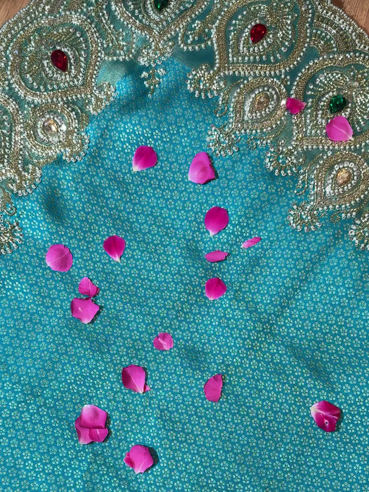 Heavy Saree with Pearl &amp; Stone Embellished Stitched Blouse Sky Blue
