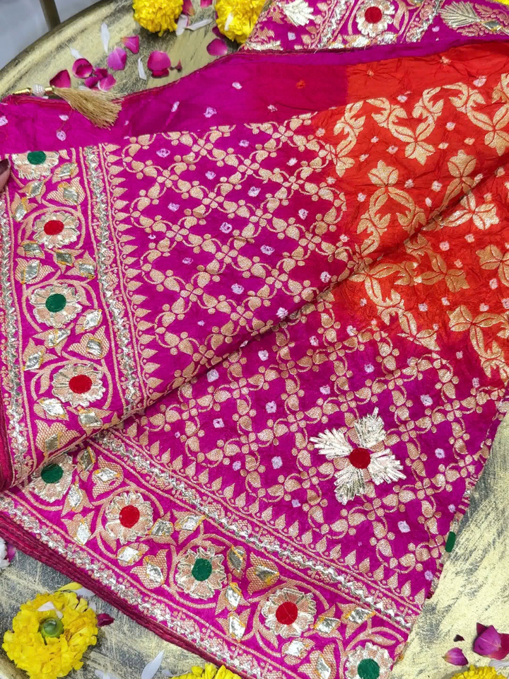 Rani Pink Shaded Gota Patti Embroidered Saree with Golden Booti