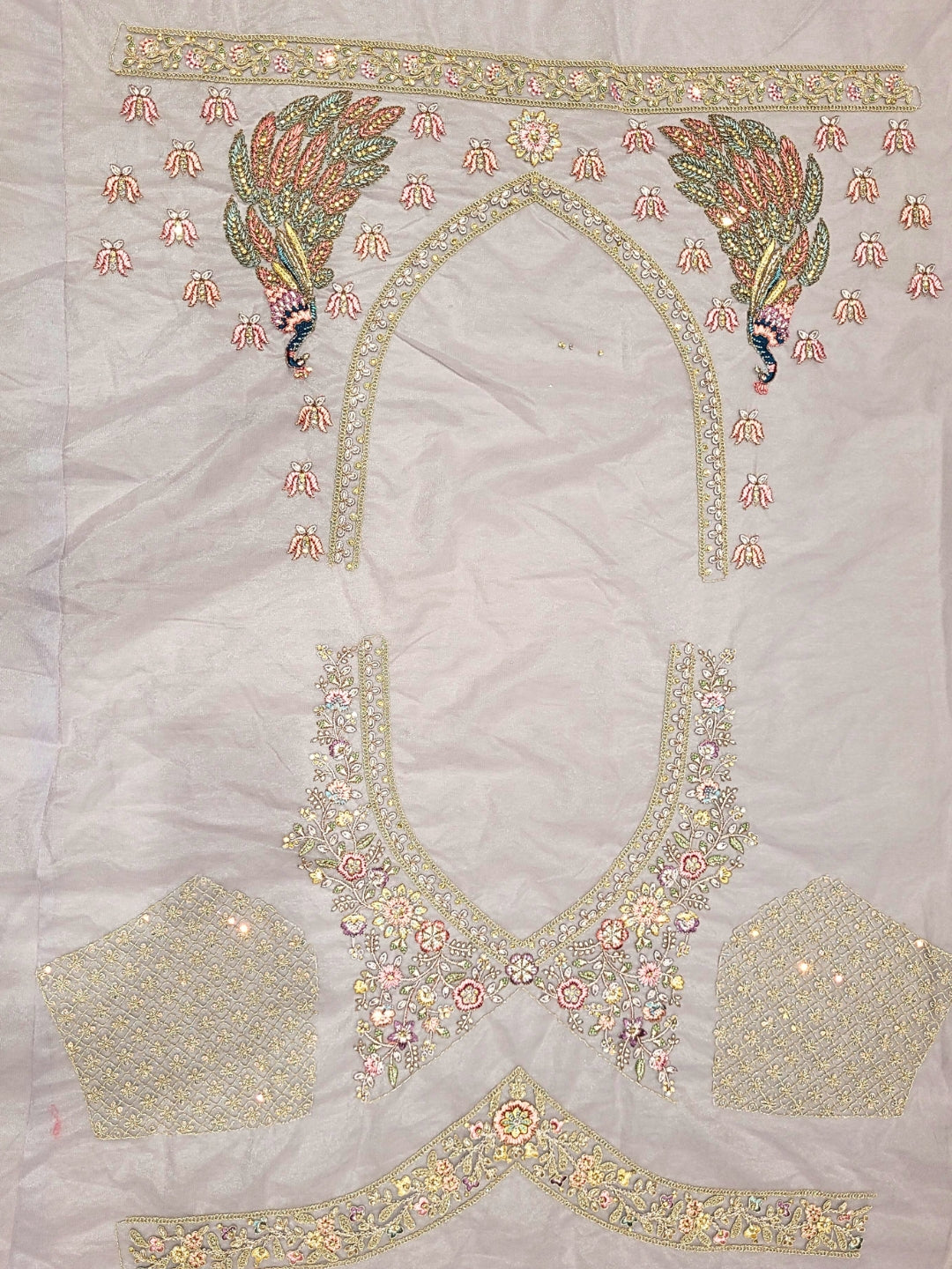 Lavender Embroidered Lehenga with Peacock Motifs & Beaded Floral Work