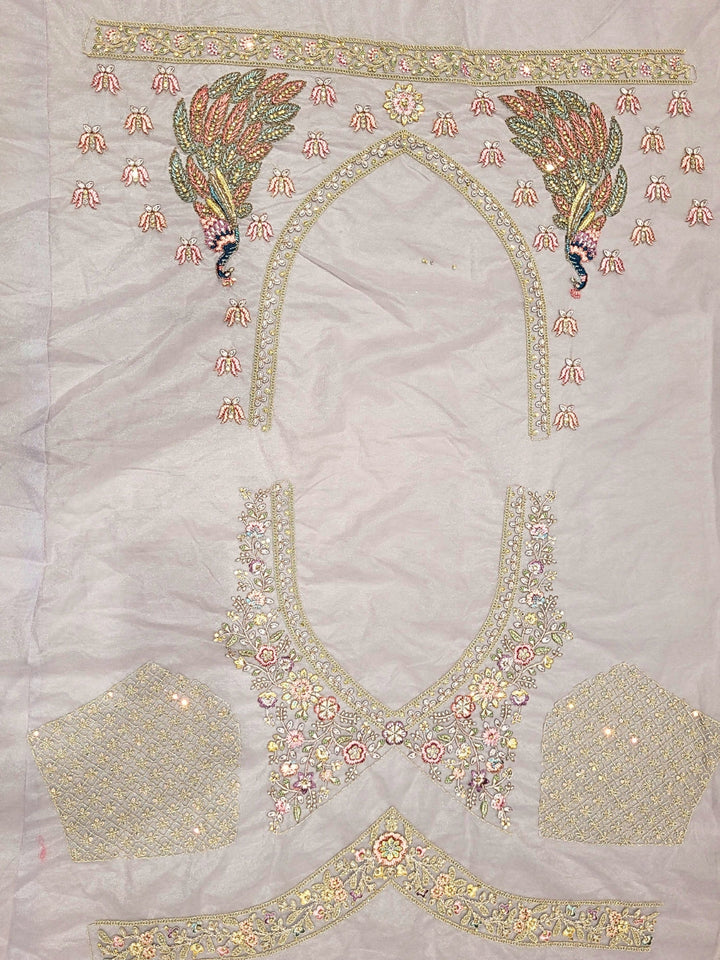 Lavender Embroidered Lehenga with Peacock Motifs & Beaded Floral Work