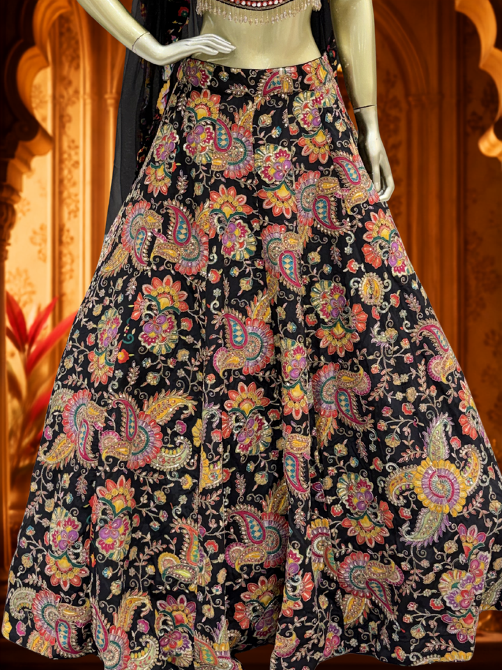 Black Silk Lehenga Choli with Multicolour Resham Paisley & Floral Print, Zari & Pearl Embroidered Blouse with Black Dupatta