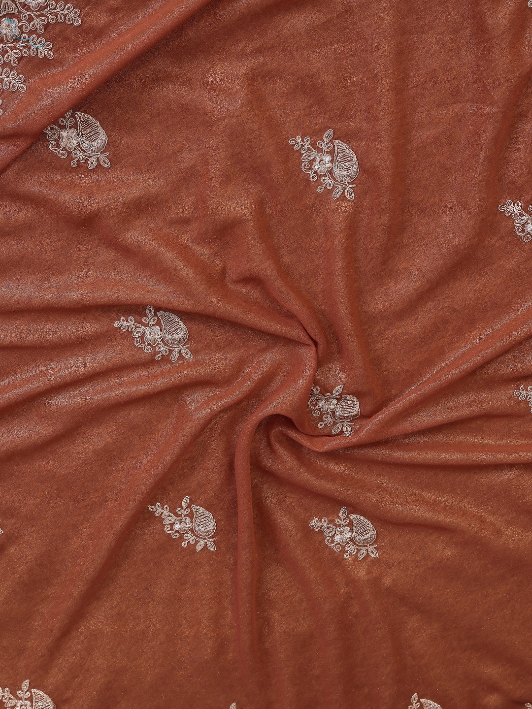 Burnt Copper Shimmer Saree with Silver Thread Embroidered Butis & Scalloped Border