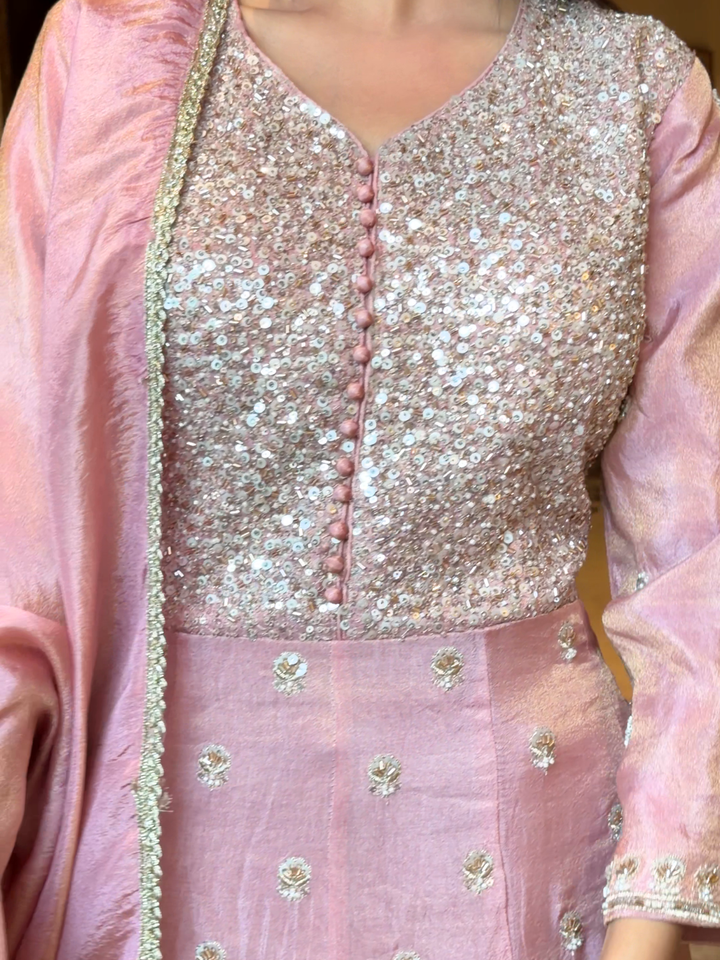 Silk Sequin Embellished & Zari Buti Anarkali Gown with Dupatta in Baby Pink