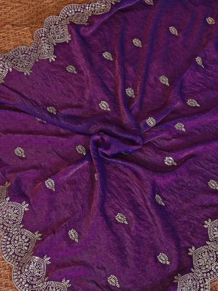 Shimmer Saree with Antique Gold Embroidered Butis & Heavy Scalloped Border
