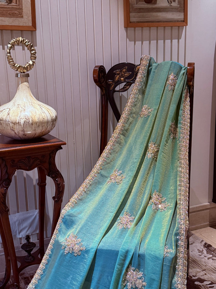 Embellished Art Silk Saree with Sequin Floral Motifs & Crystal Bead Border