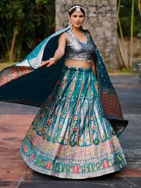 Mirror Work Silk Lehenga Set with Banarasi Weave Dupatta, Multicolor Thread Embroidery