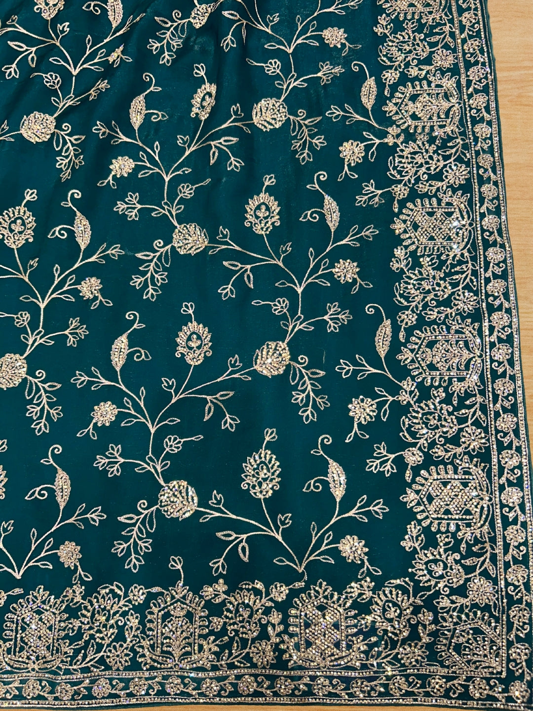 Teal Saree with Antique Gold Zardozi, Sequin, Heavy Embroidered Border & Butis with Blouse Piece