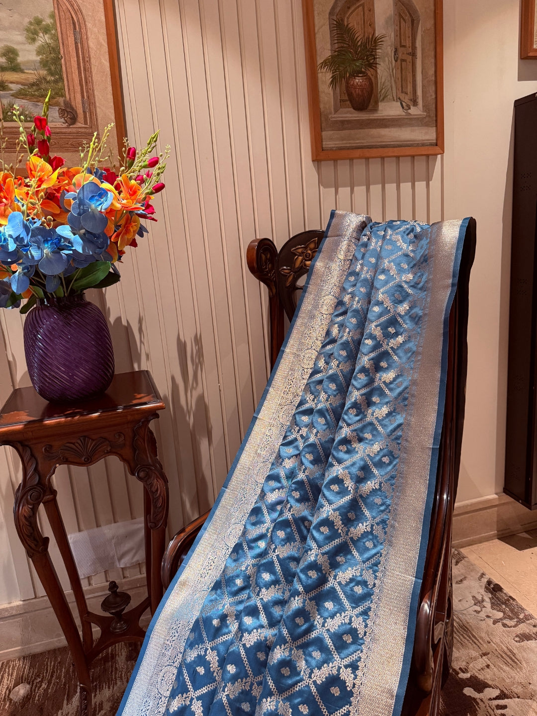 Banarasi Art Silk Saree with Silver Geometric Jaal & Rich Brocade Border