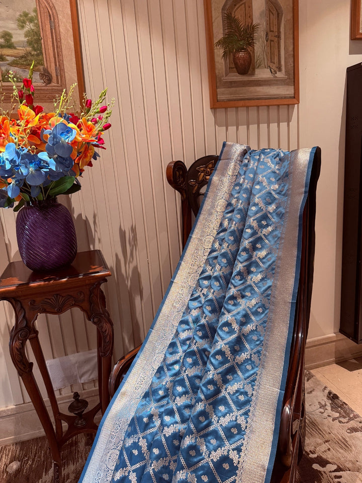 Banarasi Art Silk Saree with Silver Geometric Jaal & Rich Brocade Border