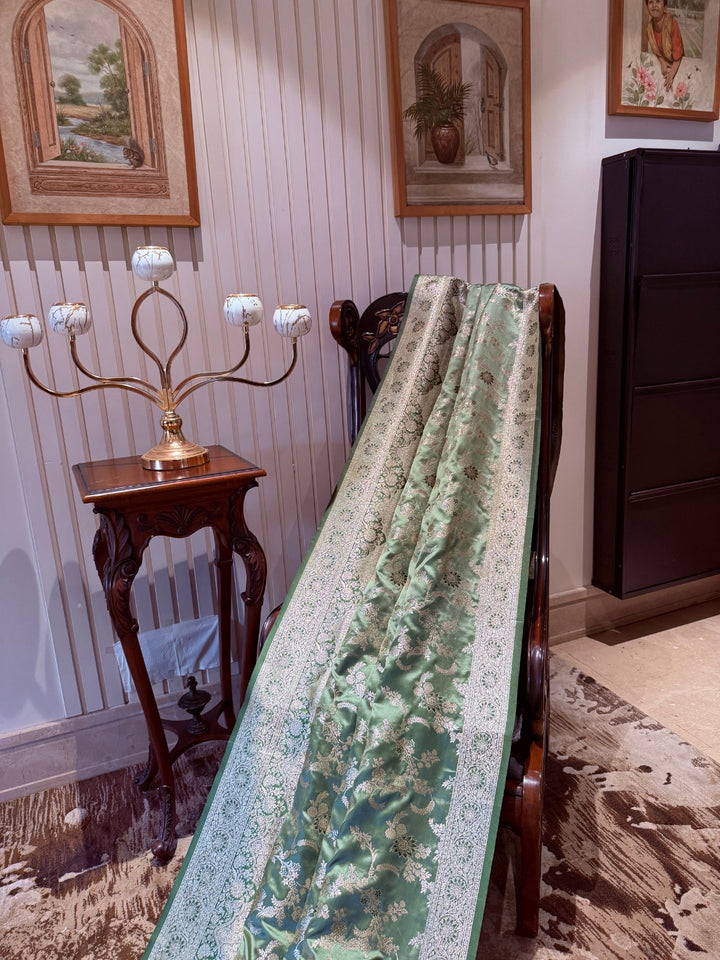 Sage Green Banarasi Art Silk Saree with Antique Gold Zari Floral Motifs & Brocade Border