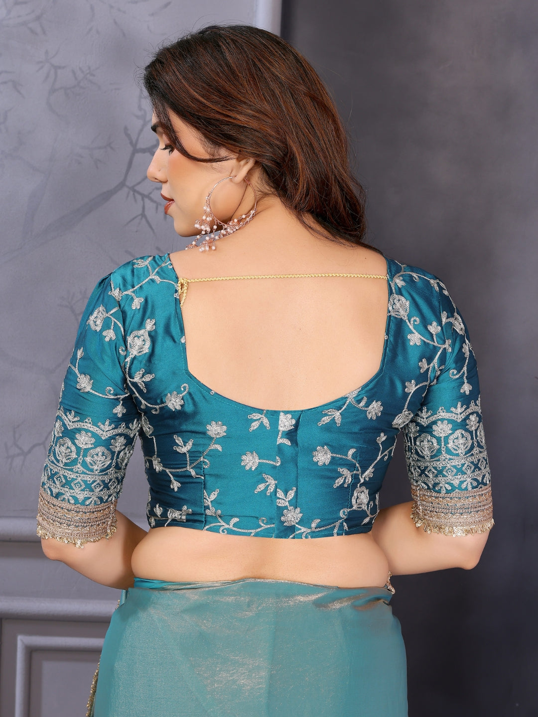 Shimmer Saree with Gold Lace Border & Teal Floral Thread Embroidered Blouse