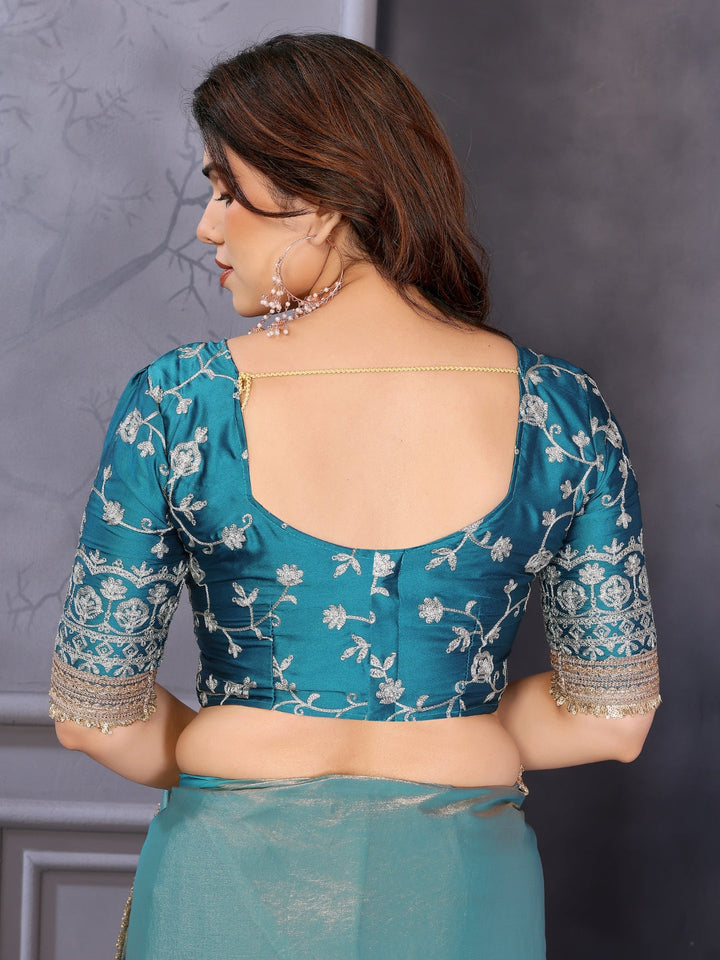 Shimmer Saree with Gold Lace Border & Teal Floral Thread Embroidered Blouse