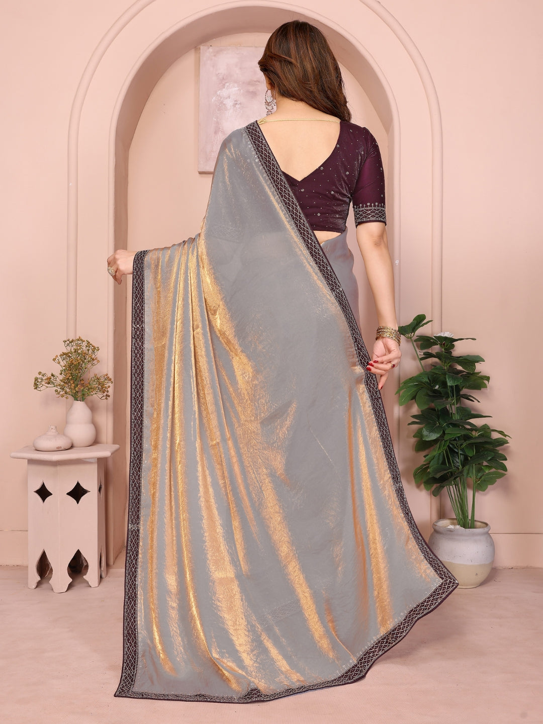 Shimmer Saree with Wine Embellished Blouse & Geometric Stone Work Border