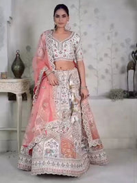 Multicolour Resham Embroidered Lehenga with Peach Net Dupatta