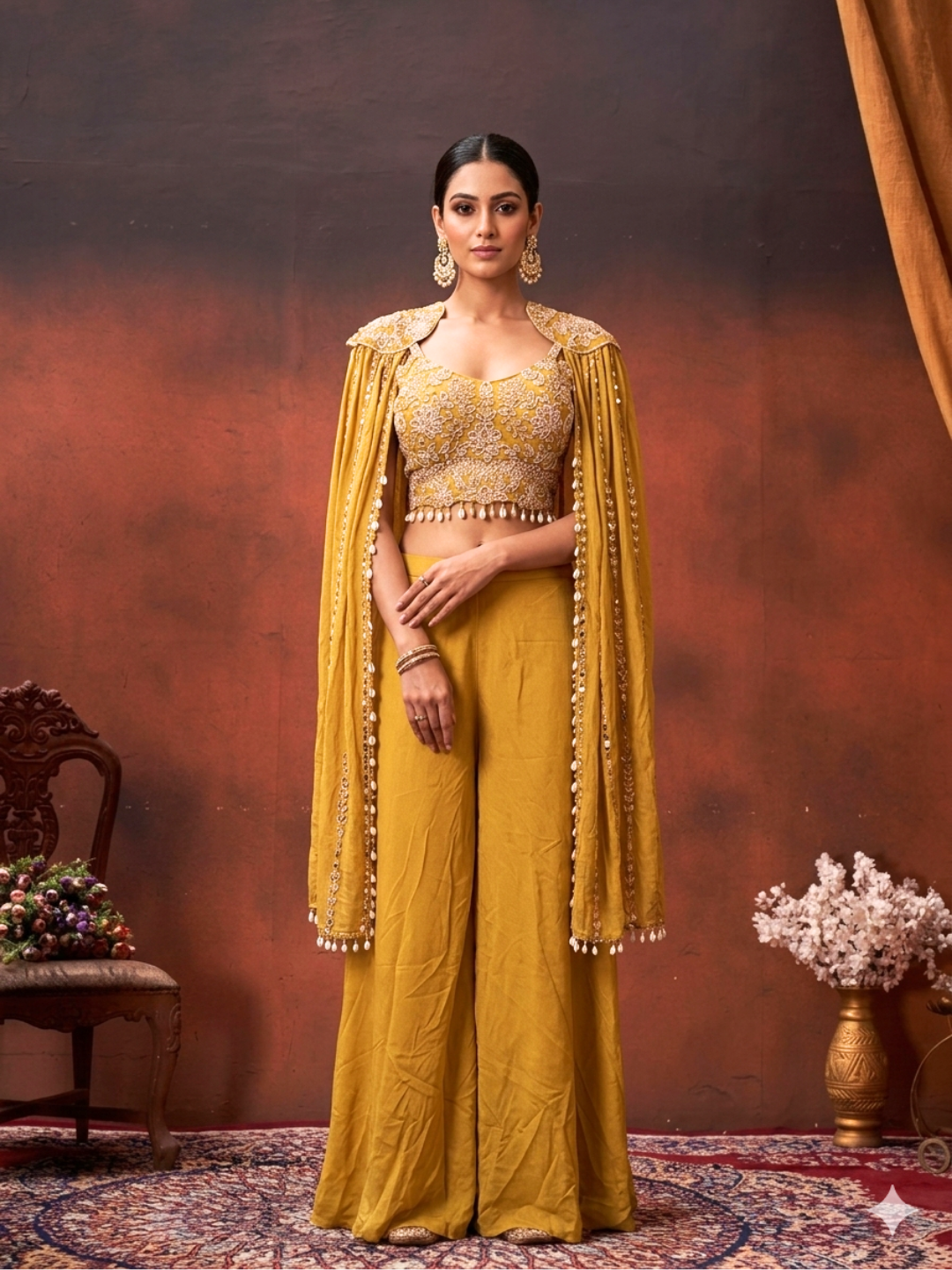 Silk Sequin & Mirror Embroidered Cape Blouse with Palazzo Set in Mustard