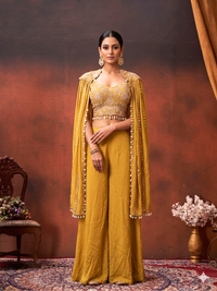 Silk Sequin & Mirror Embroidered Cape Blouse with Palazzo Set in Mustard