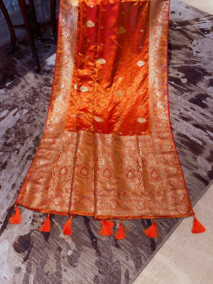 Zari Woven Saree with Gold Floral Motifs and Traditional Brocade Border