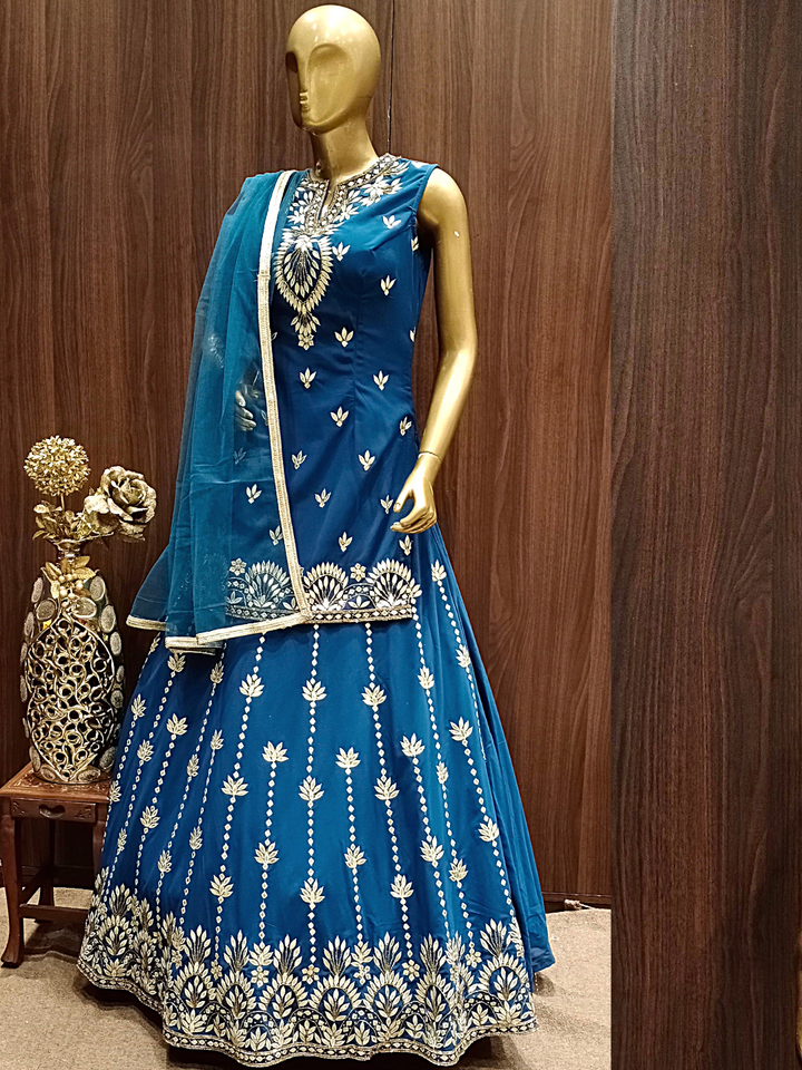 Deep Blue Jacket Choli with Lehenga embellished with Gotta Patti Embroidery & Ethnic Motifs