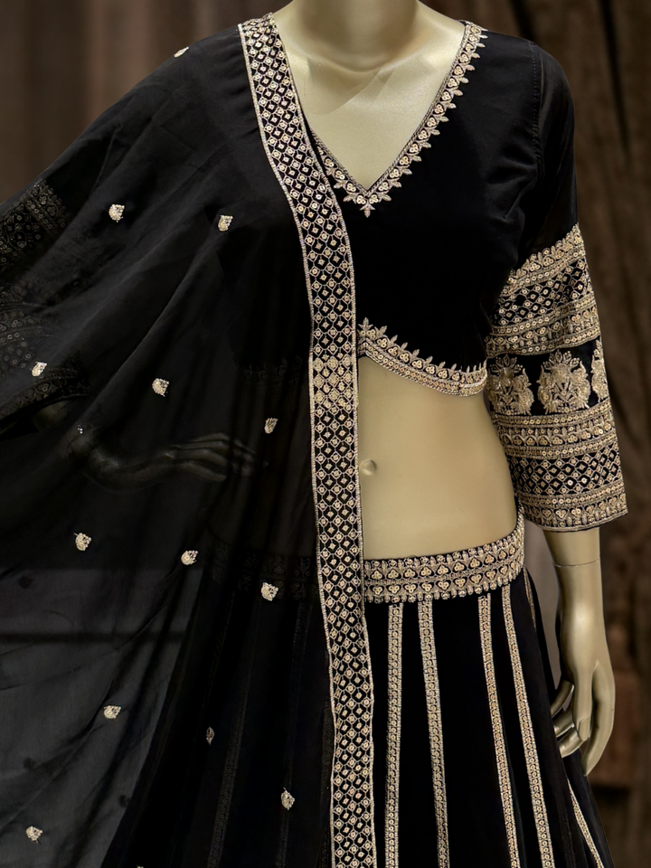 Silk Heavy Zari & Sequin Embroidered Lehenga Choli with Net Dupatta in Black