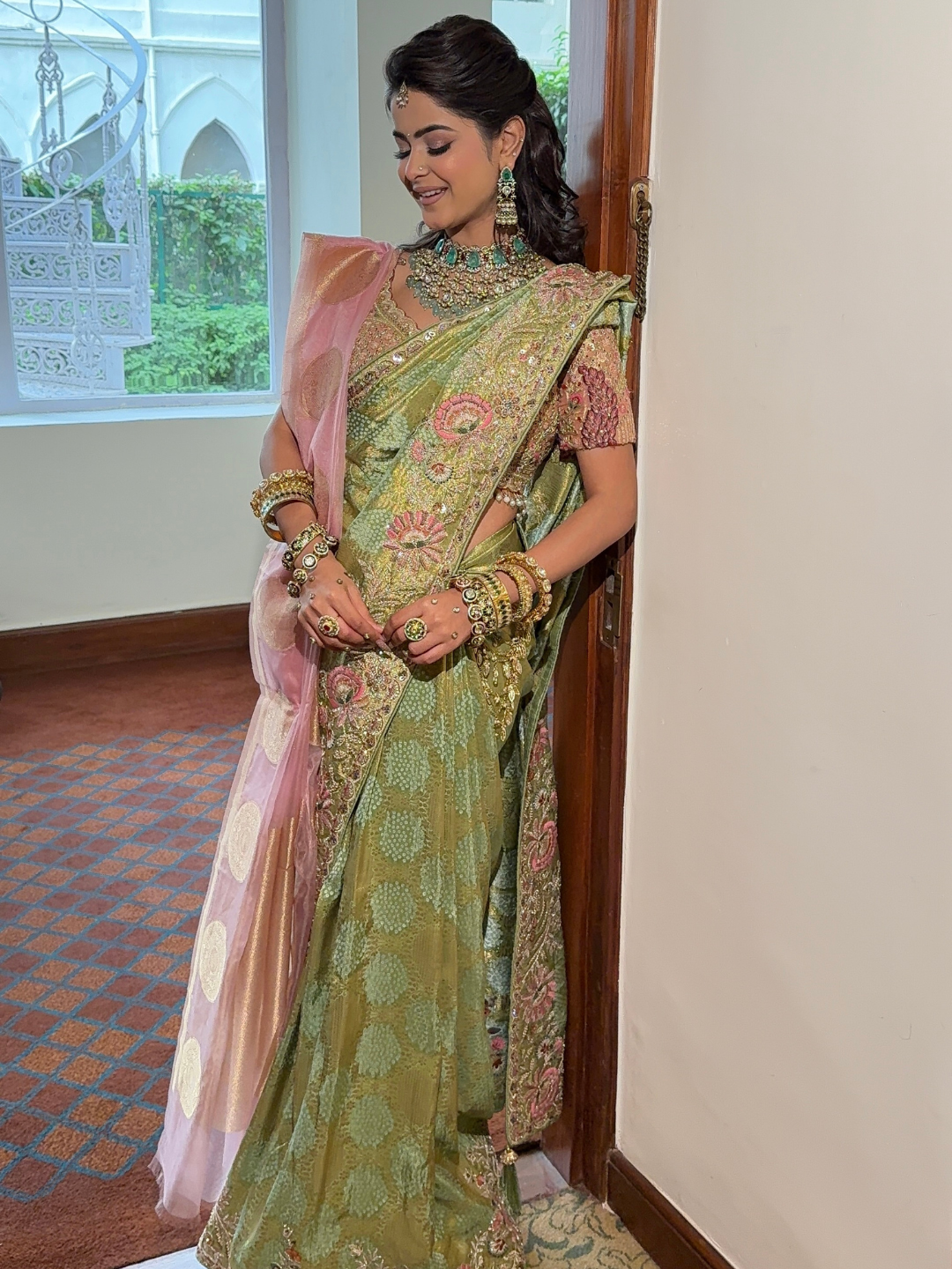 Zari & Sequin Embroidered Floral Jaal Saree with Embroidered Border in Pista Green