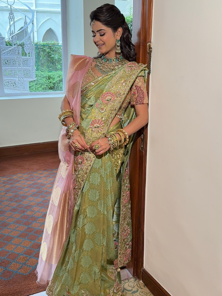 Zari & Sequin Embroidered Floral Jaal Saree with Embroidered Border in Pista Green