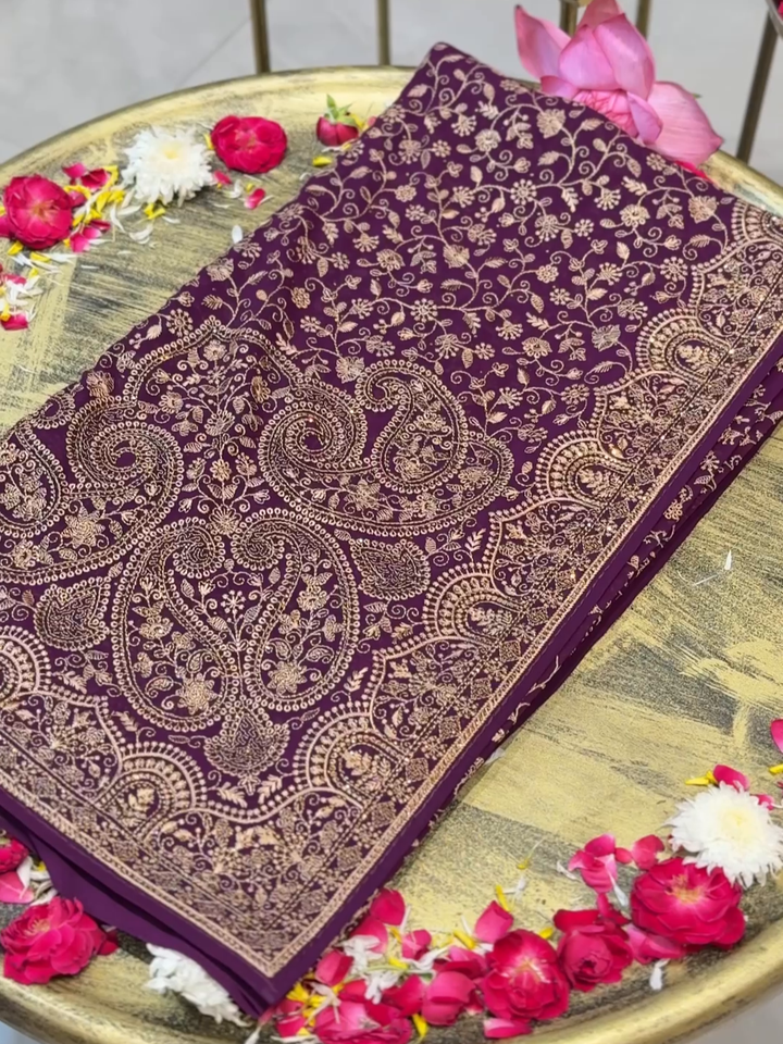 Satin Silk Heavy Zari Embroidered Floral Jaal Saree