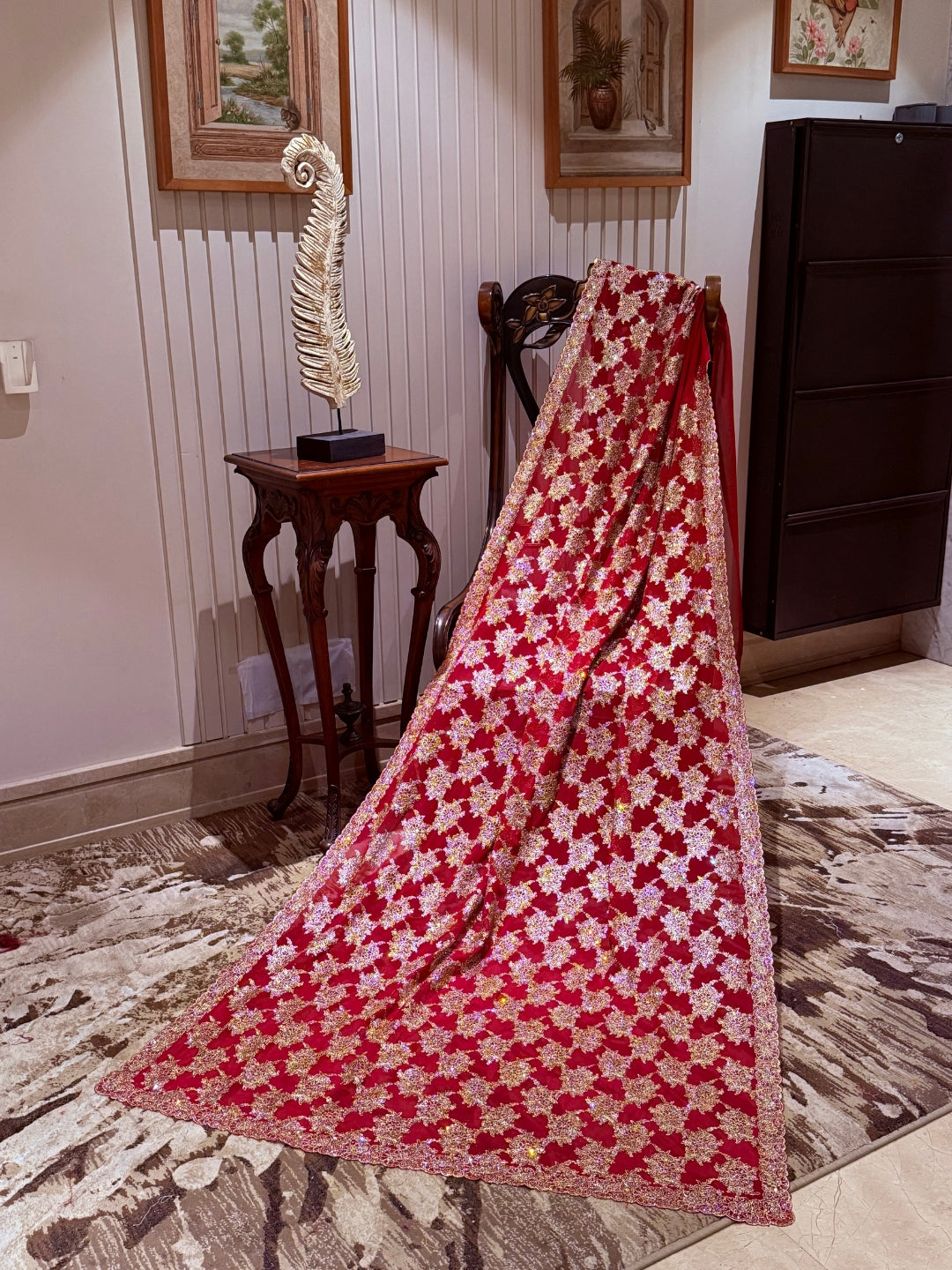 Red Net Saree with Dense Gold Floral Zari, Sequin & Bead Embroidery, Scallop Border