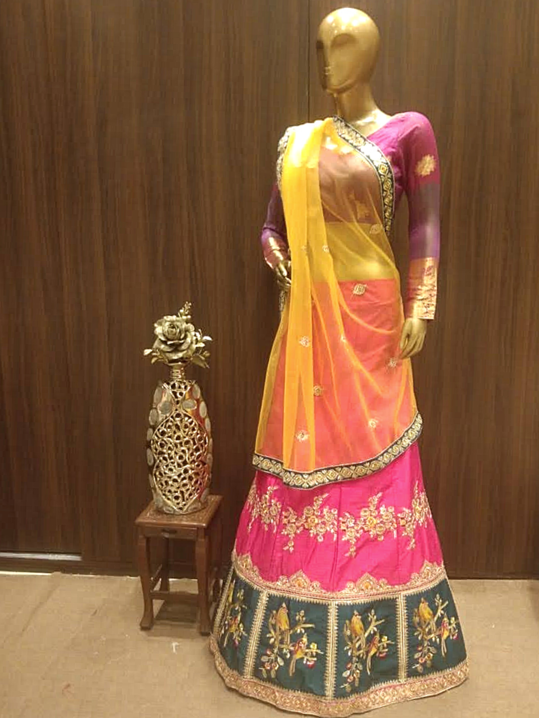 Fushcia Semi-Stitched Lehenga with Contrast Dupatta & Blouse With Placement  Embroidery