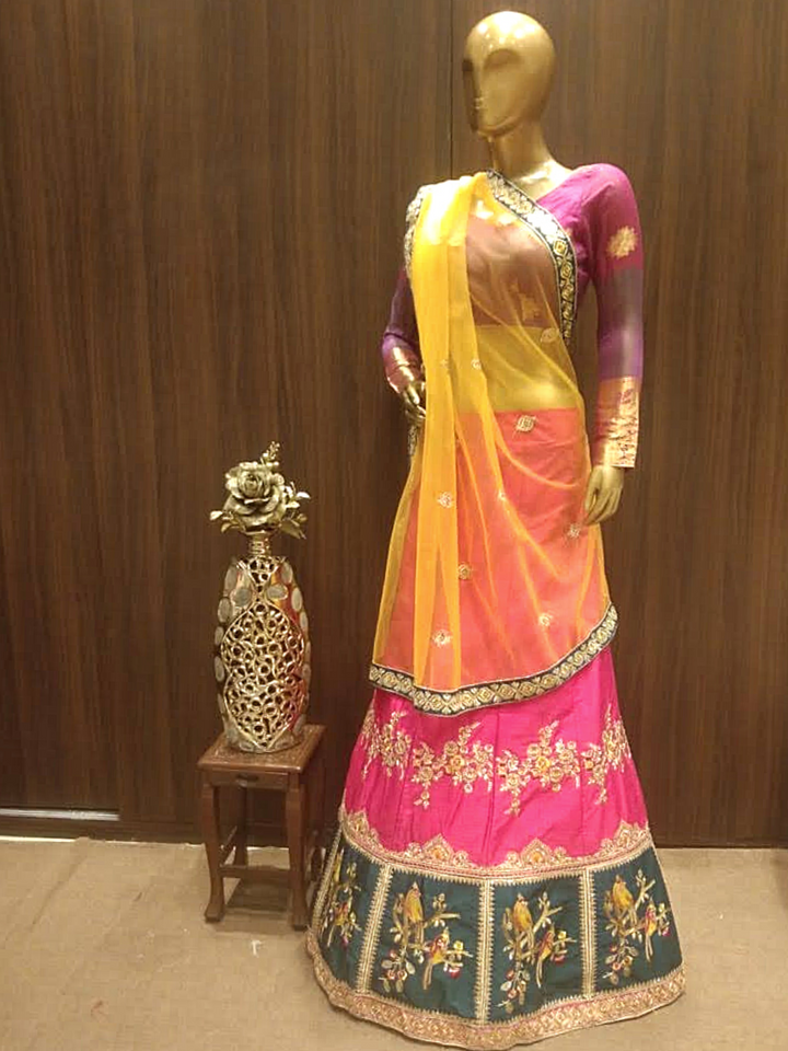Fushcia Semi-Stitched Lehenga with Contrast Dupatta & Blouse With Placement  Embroidery