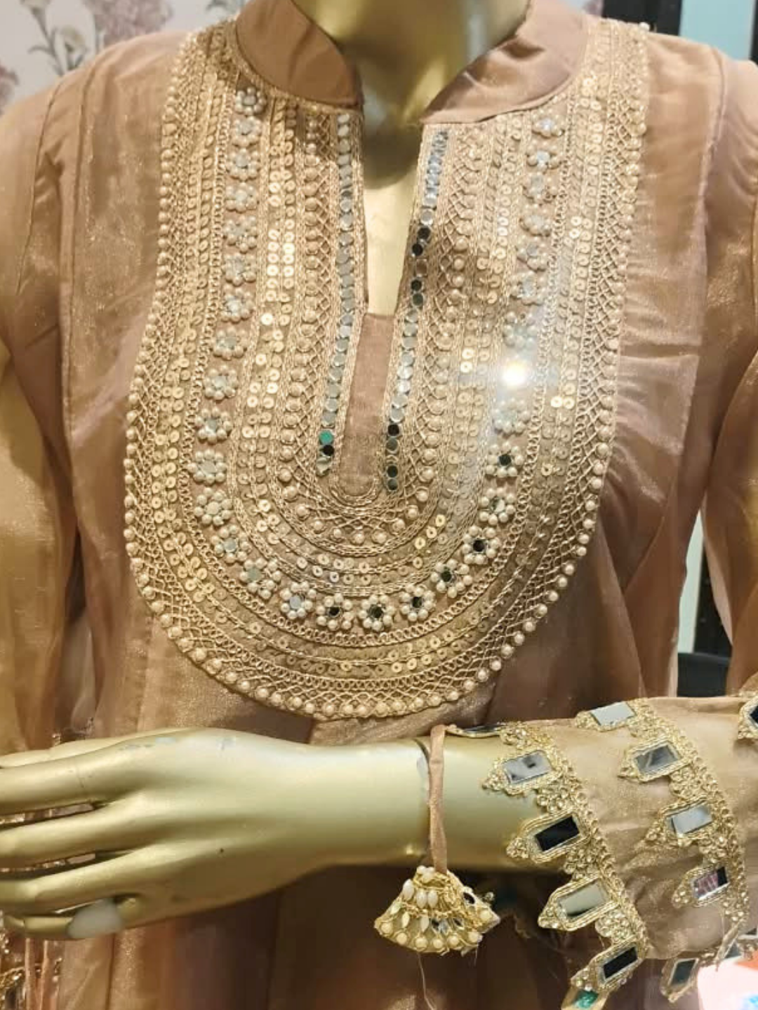 Mirror Embroidered Full Length Anarkali with Jaal Pattern Dupatta in Beige Gold