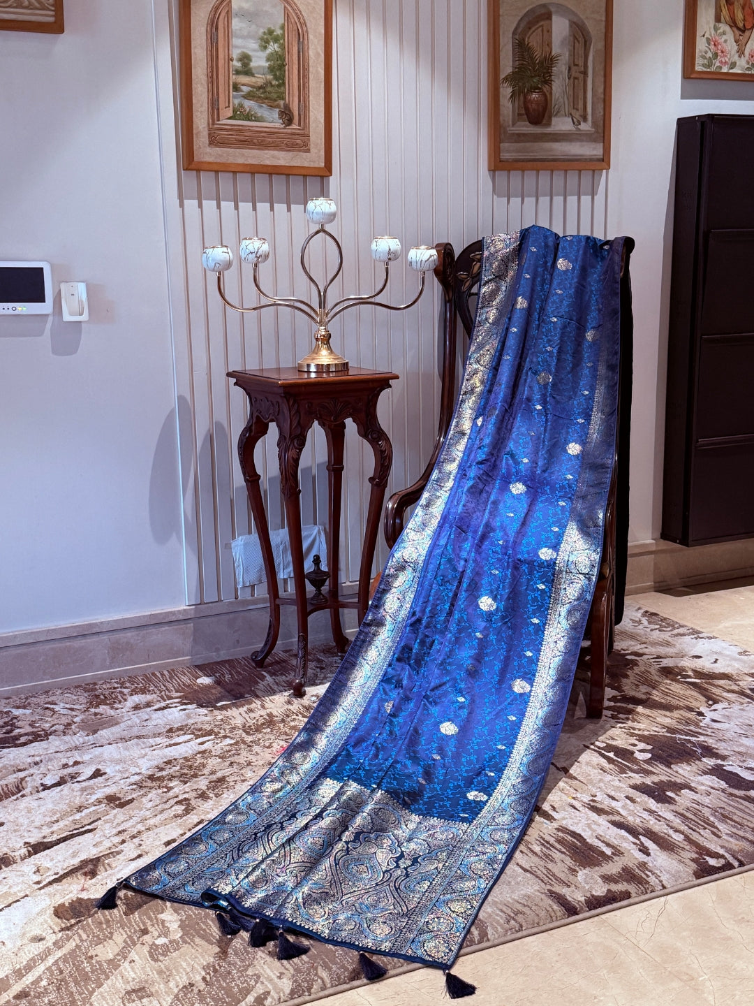 Zari Woven Banarasi Saree with Floral & Paisley Motifs, Golden Brocade Border