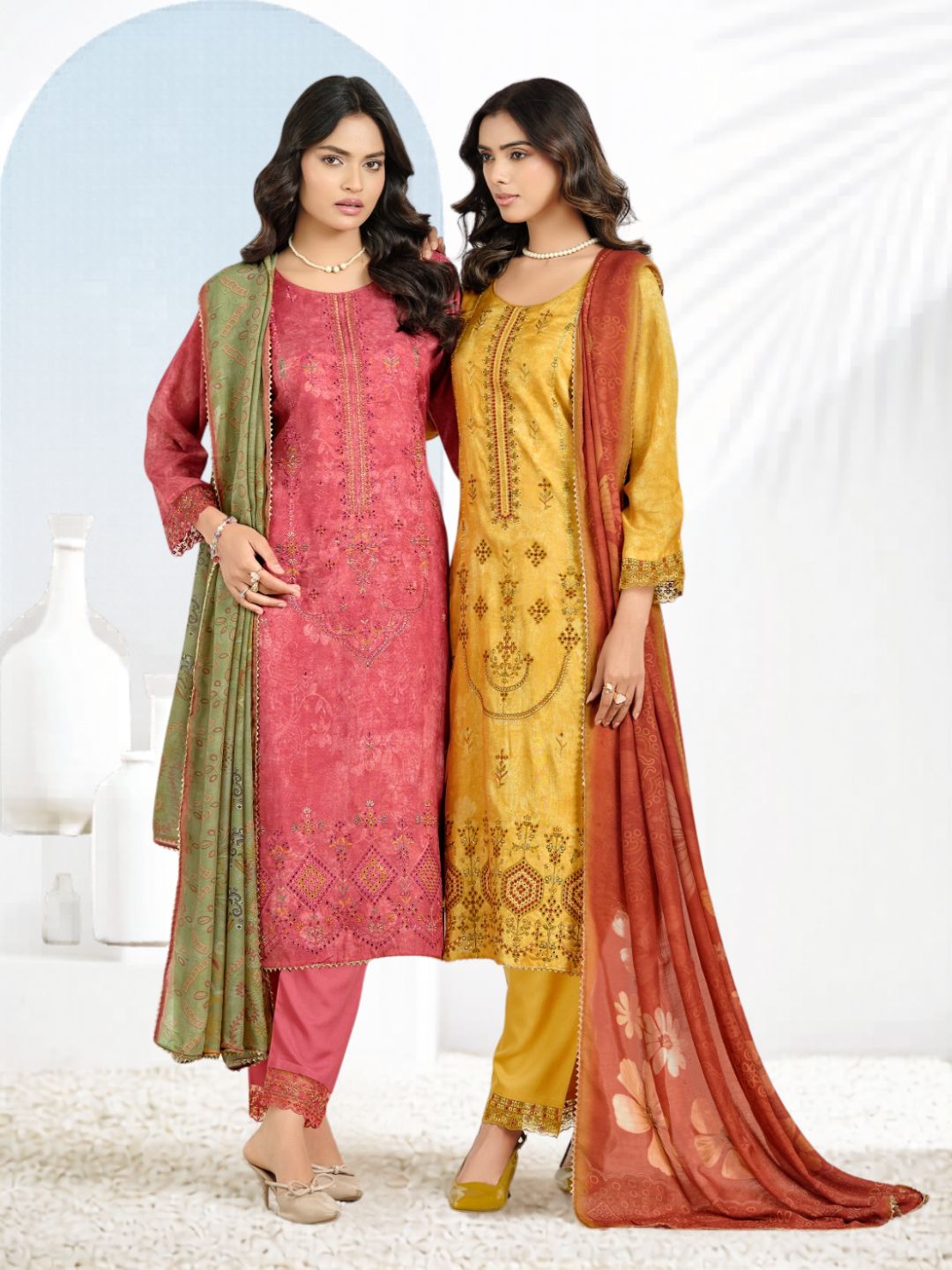 Cotton Printed & Embroidered Unstitched Suit Dupatta in Mustard & Rust