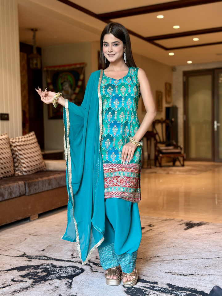 Crepe Heavy Sequin & Zari Embroidered Sleeveless Kurti with Georgette Salwar and Dupatta in Turquoise