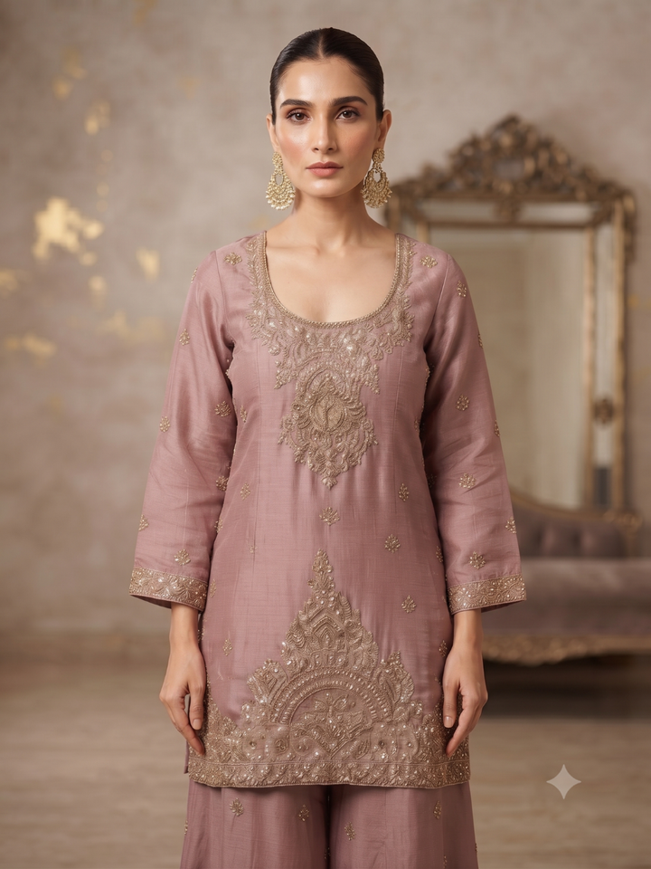 Sequin & Zari Embroidered Kurta with Palazzo Set in Mauve Pink