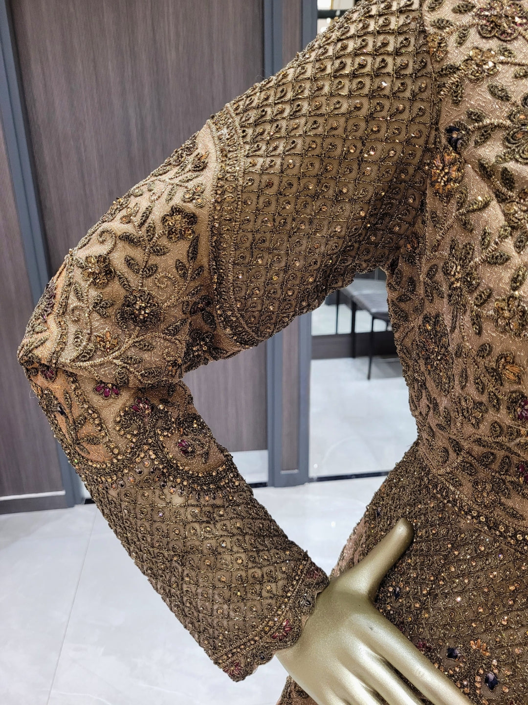 Antique Gold Zardozi Embroidered Long Jacket Gown with Intricate Detailing