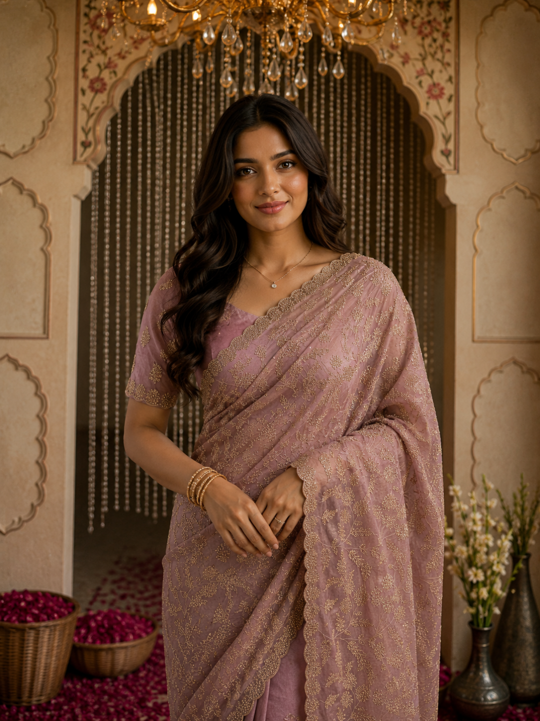 Organza Silk Thread & Sequin Floral Embroidered Saree with Blouse Piece in Light pink