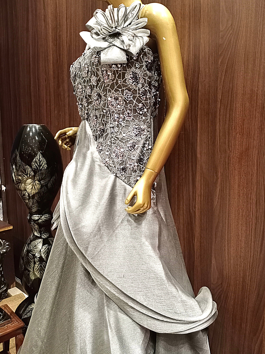 Grey Flared Cut work Gown With Ruffled Sleeves, Sequence & Oxidised Silver Zari Embroidery