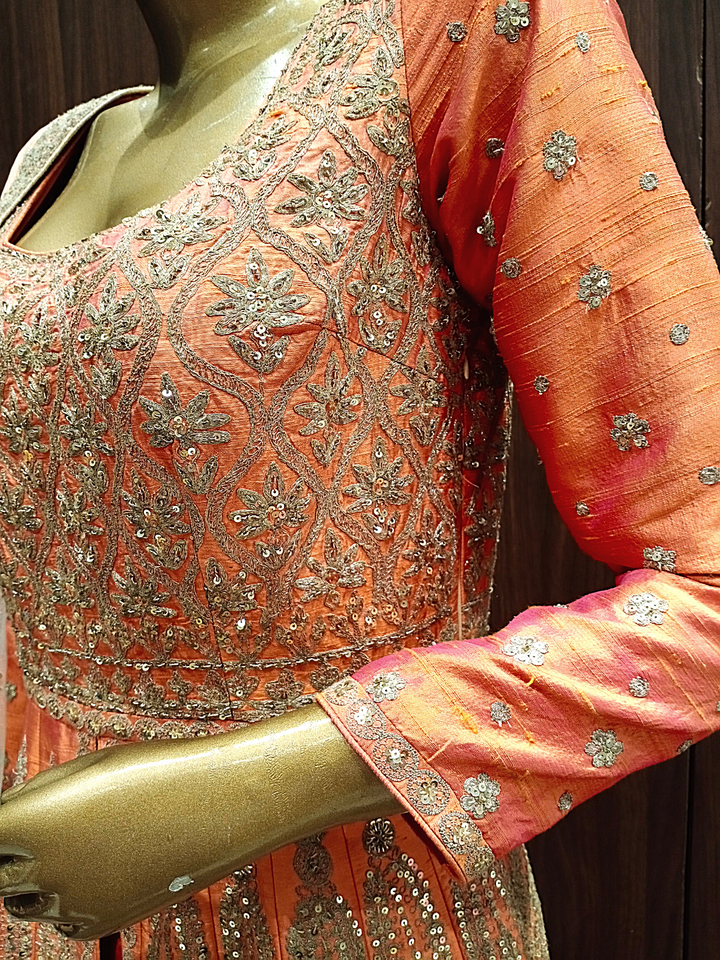 High Slit Anarkali Gown with Gold Zardozi Embroidery &Contrast Heavy Dupatta.