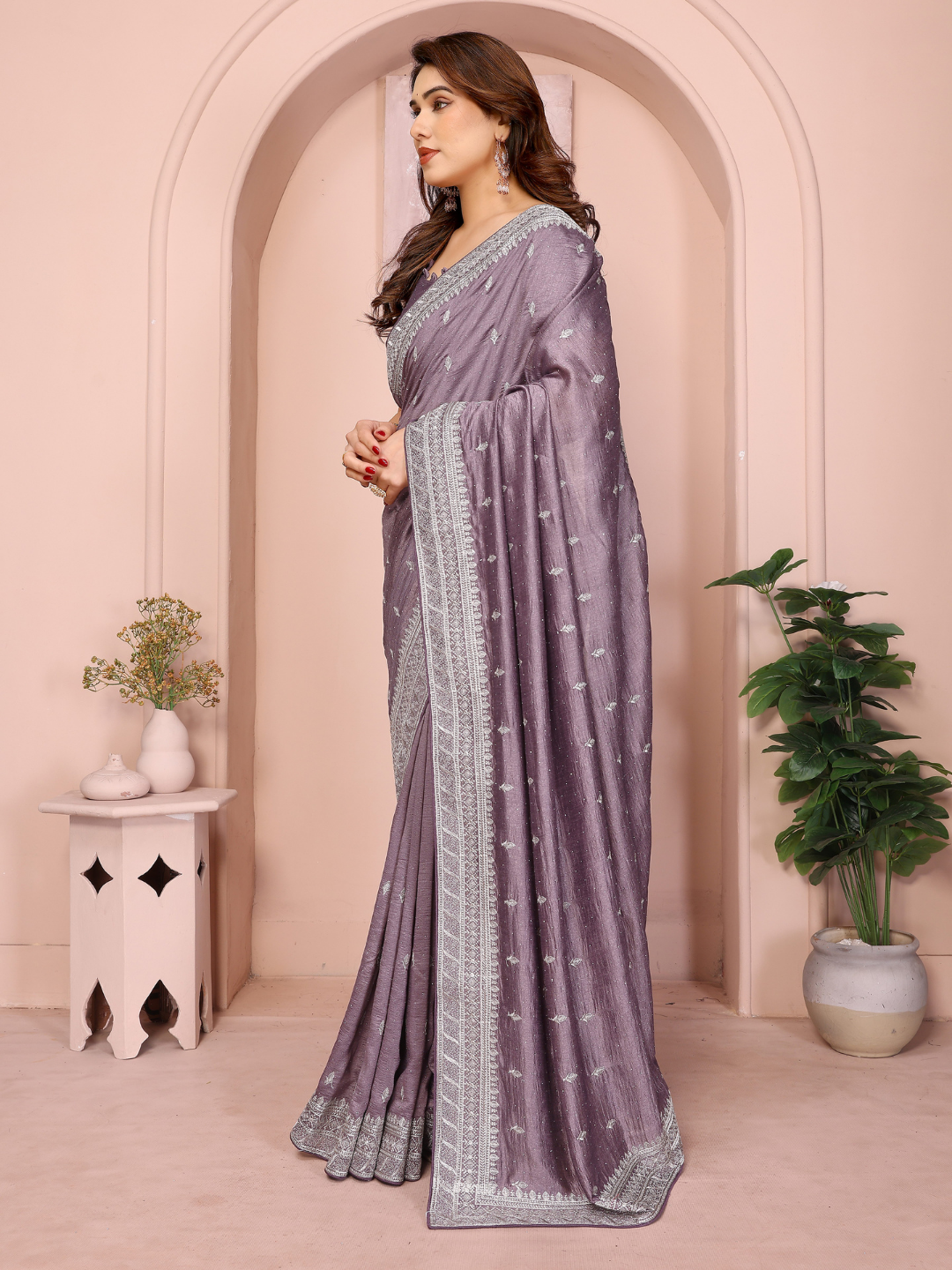Mauve Sequin Embroidered Booti Saree with Broad Border