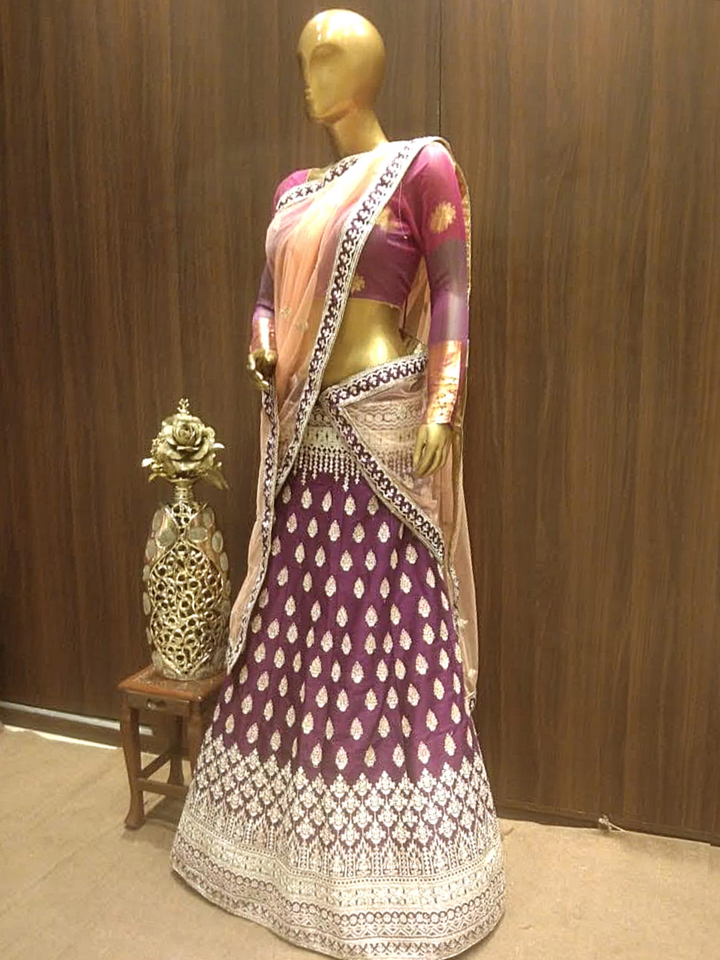 Embellished Semi-Stitched Bridal Lehenga with Gold Zari Embroidery and Contrast Embroidered Dupatta