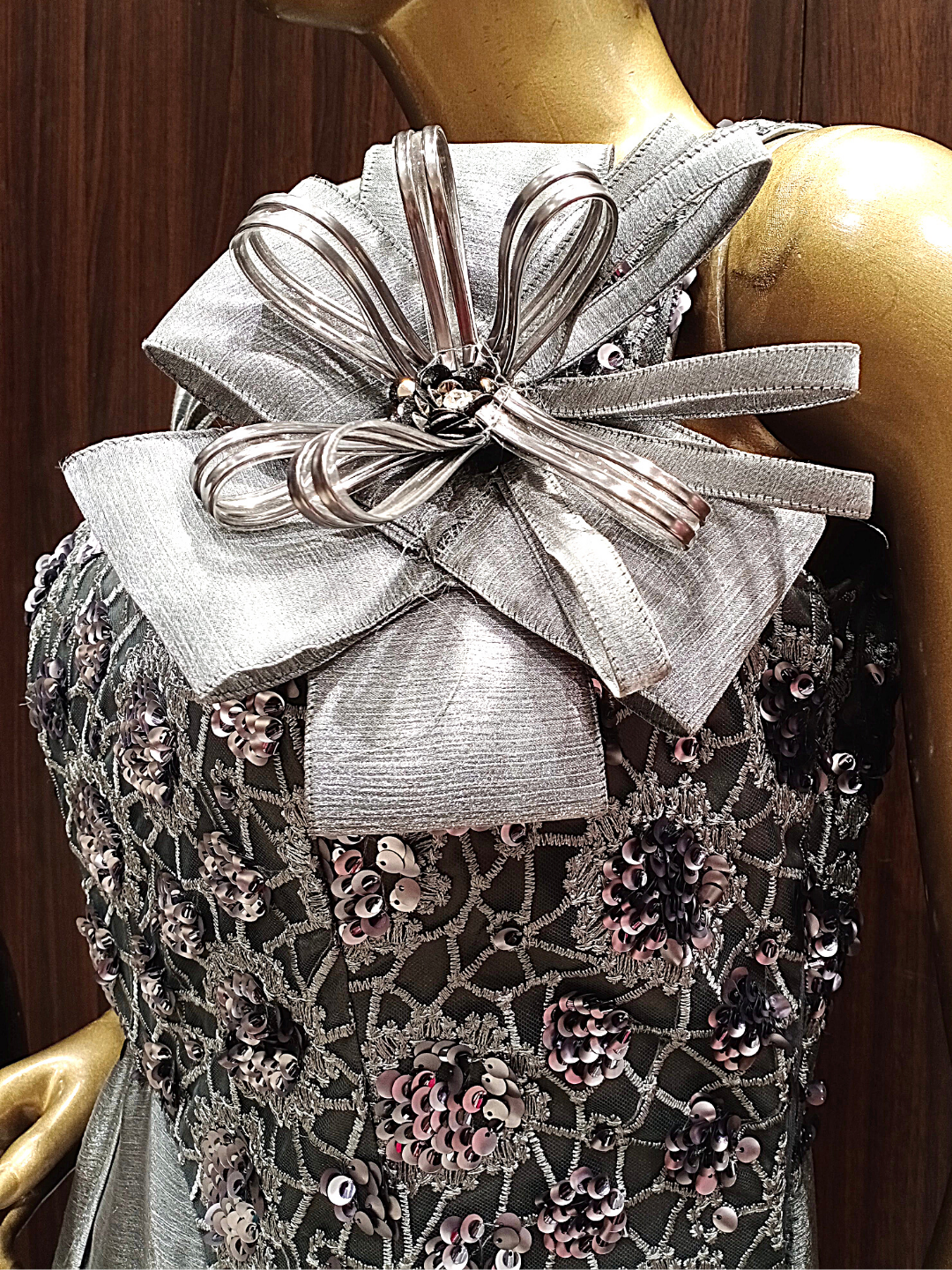 Grey Flared Cut work Gown With Ruffled Sleeves, Sequence & Oxidised Silver Zari Embroidery