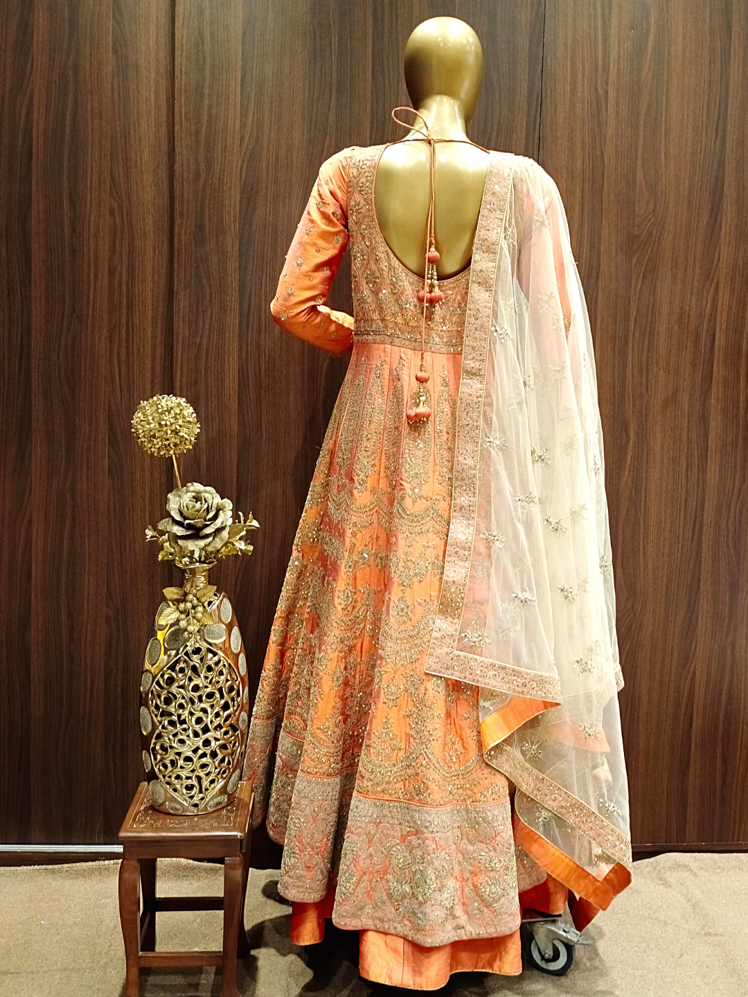 High Slit Anarkali Gown with Gold Zardozi Embroidery &Contrast Heavy Dupatta.