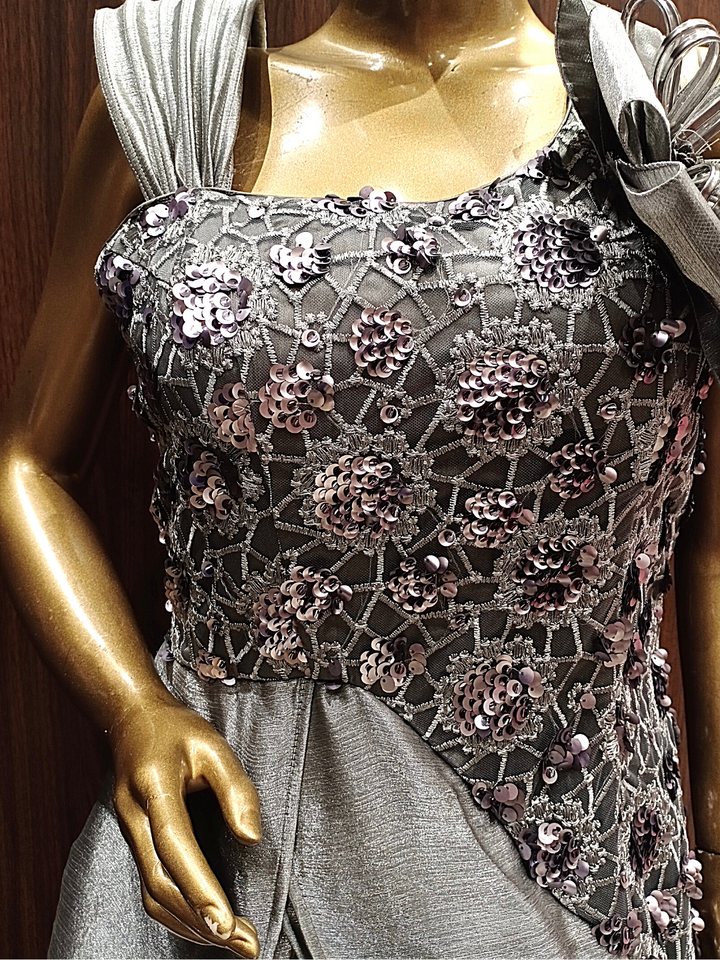 Grey Flared Cut work Gown With Ruffled Sleeves, Sequence & Oxidised Silver Zari Embroidery