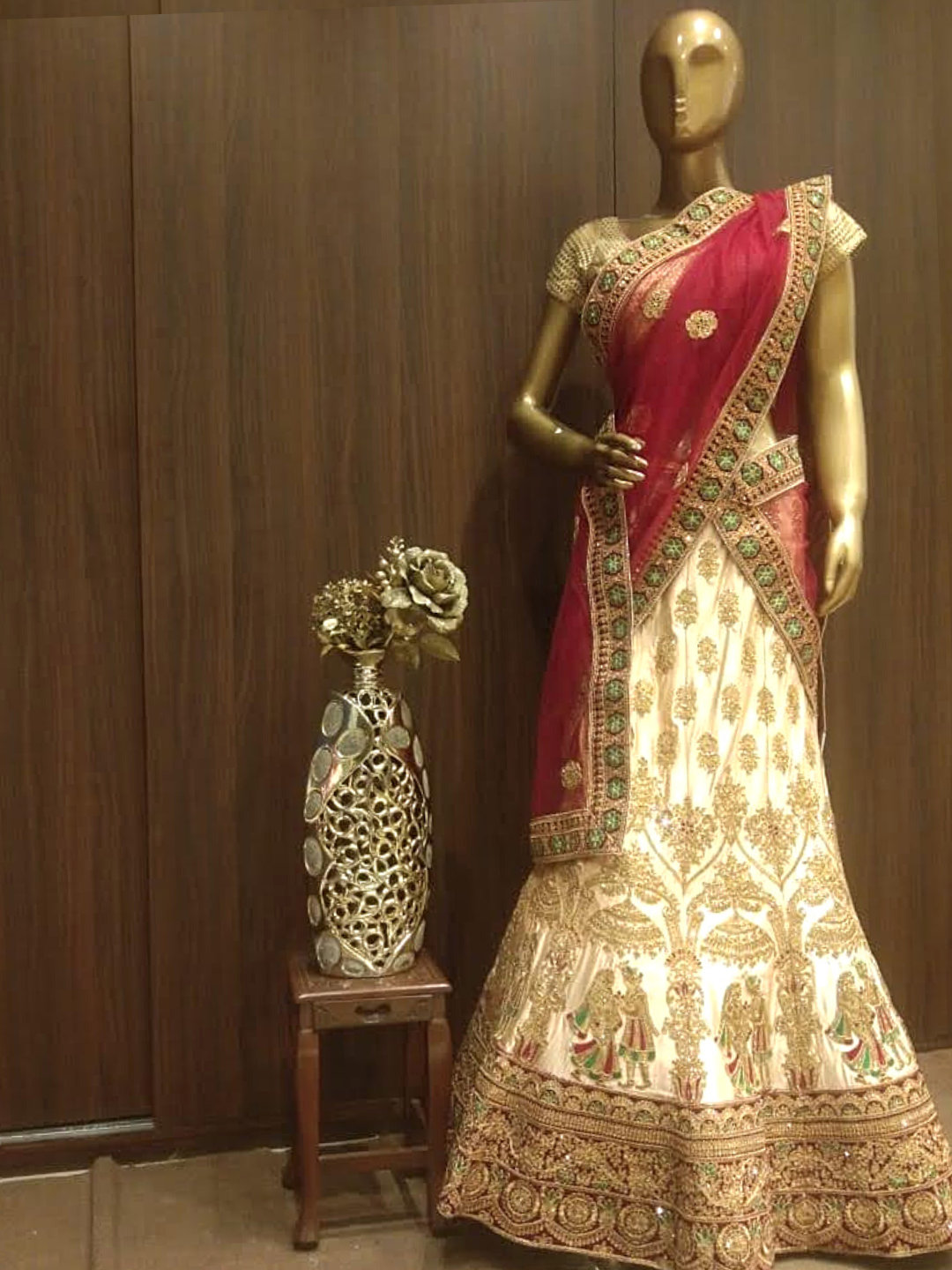 Beige Semi-Stitched Silk Lehenga with Heavy Gold Zari Embroidery & Velvet Blouse