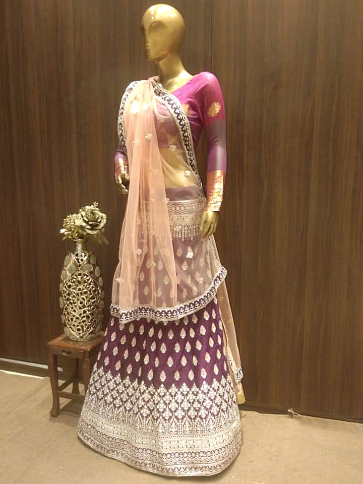 Embellished Semi-Stitched Bridal Lehenga with Gold Zari Embroidery and Contrast Embroidered Dupatta