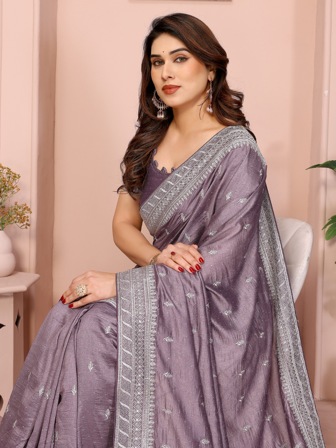 Mauve Sequin Embroidered Booti Saree with Broad Border