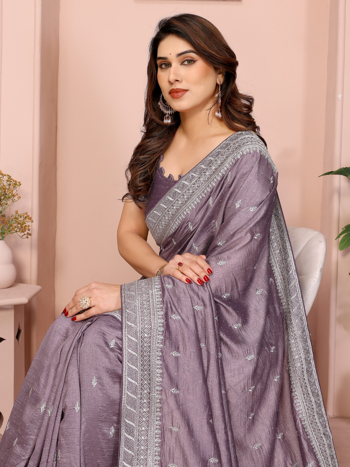 Mauve Sequin Embroidered Booti Saree with Broad Border