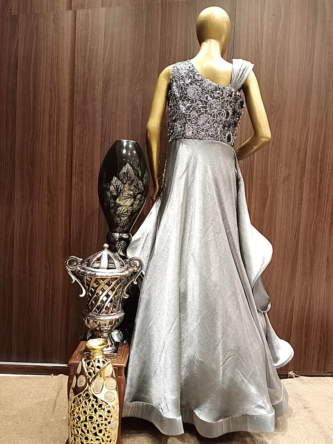Grey Flared Cut work Gown With Ruffled Sleeves, Sequence & Oxidised Silver Zari Embroidery