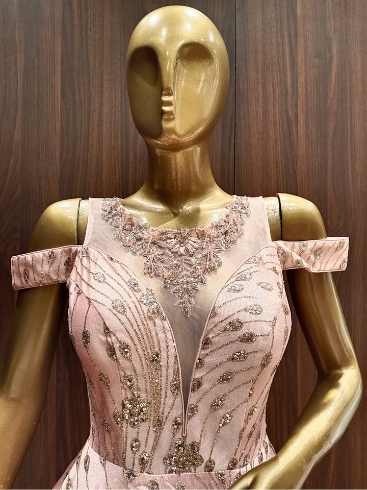 Rose Gold Pink Embellished Net Gown with Stylised Neckline & Hand Sequence Embroidery