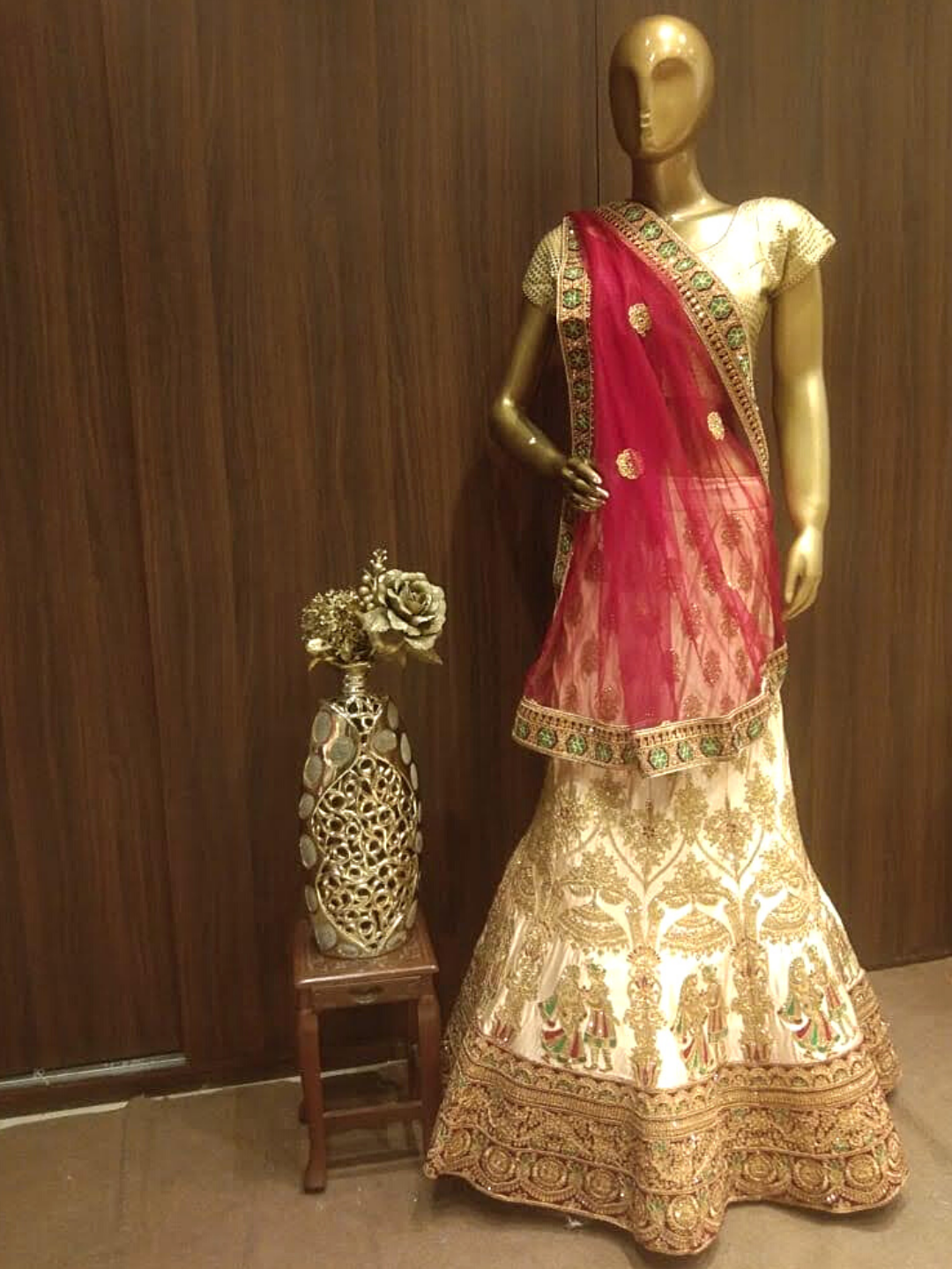 Beige Semi-Stitched Silk Lehenga with Heavy Gold Zari Embroidery & Velvet Blouse